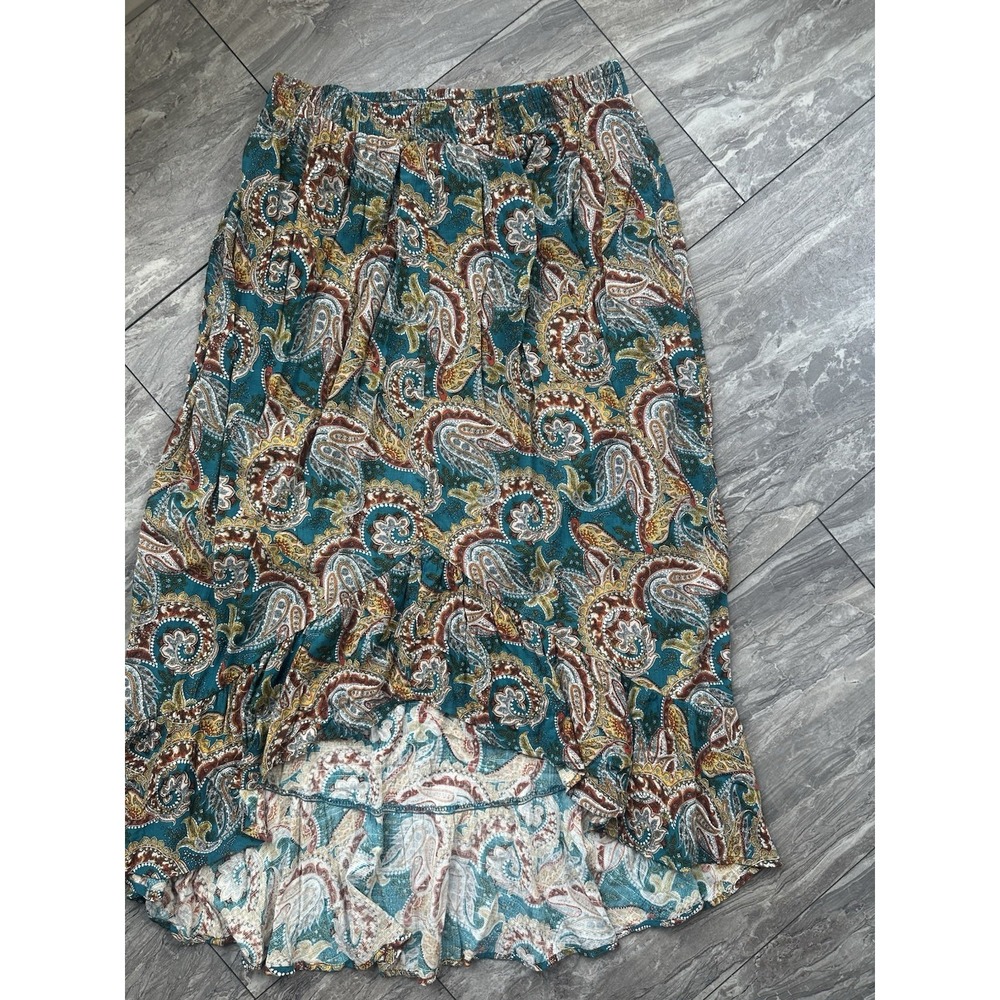 I.N. Studio Petite PL Paisley Midi Skirt Teal Boho Pull-On Lined Ruffle 0061
